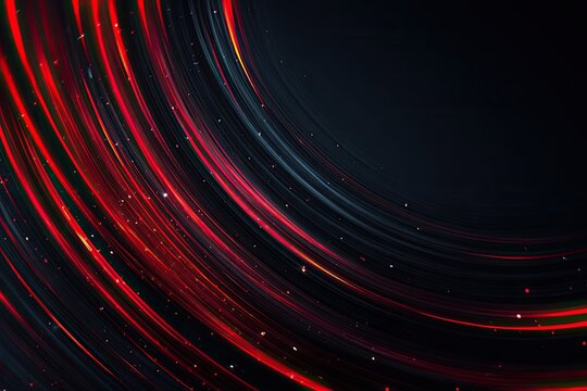 Abstract, curved, glowing lines in red and cyan against a dark background, forming a semi-circle