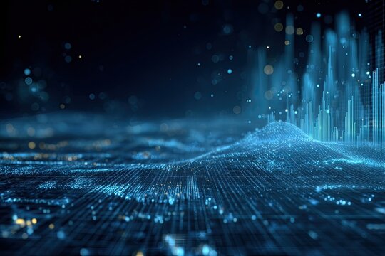 Futuristic digital landscape, data visualization, glowing particles, abstract technology design