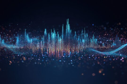Digital audio visualization depicting sound waves transforming into a virtual cityscape