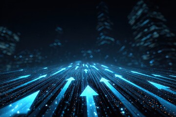 Perspective view of glowing arrows moving towards the skyline of a futuristic city