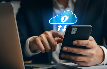 Secure Cloud Data Transfer in Mobile Business Environment, Smartphone shows cloud lock icon with upload and download arrows