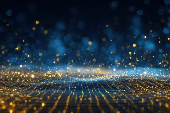 An abstract display of sparkling gold particles and glowing blue bokeh against a dark background - Powered by Adobe