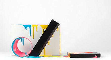 Colorful explosion of paint with geometric shapes on a black background, creating a vibrant and dynamic abstract design.