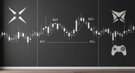 This image showcases a stylized candlestick chart, depicting market fluctuations between buy and sell points with accompanying graphical elements on a dark background.