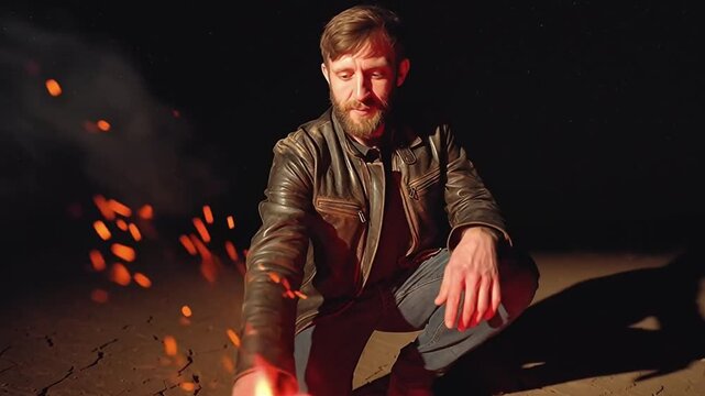 Warmth and Contemplation: A rugged individual kneels near a crackling fire in the dark, his face etched with reflection and a sense of solace, the fiery embers dancing like scattered dreams.