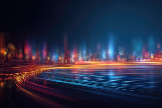 Abstract digital cityscape with vibrant trails of light and blurred buildings
