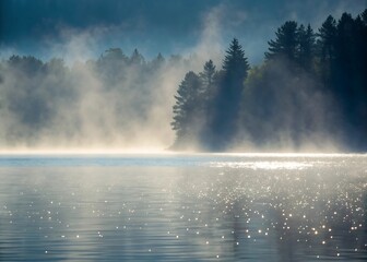 Misty morning sunlight illuminates a serene forest lake with sparkling water