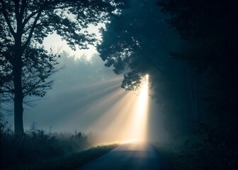 Ethereal sunbeams pierce through misty forest path creating a mystical entrance