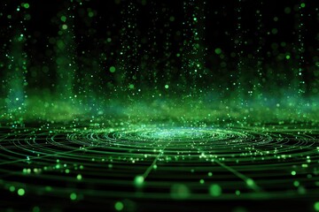 A vibrant, green ethereal scene of particles swirling over a circular design on a dark background