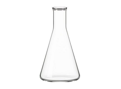 Empty glass erlenmeyer flask for laboratory experiments isolated on transparent background