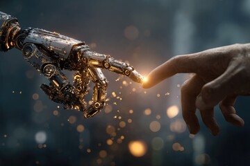A metallic robotic hand reaches to touch a human finger with glowing sparks