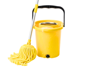 Yellow mop and bucket cleaning supplies isolated on transparent background