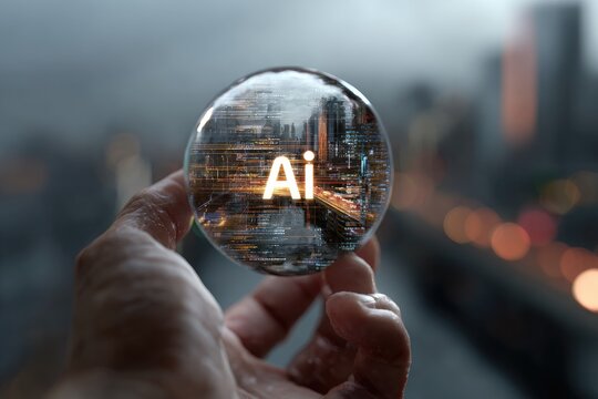 A human hand holding a transparent orb, the city's lights inside, the letters "Ai" floating
