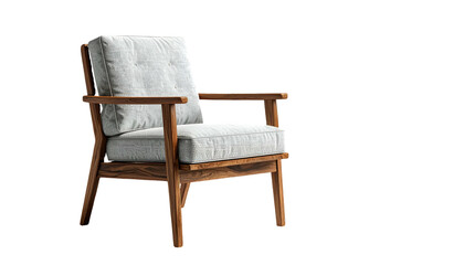 Stylish armchair design features light-colored upholstery and wooden frame with armrests on a black background, creating a modern and minimalist interior aesthetic.