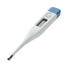 Digital thermometer, white and blue device, set against a solid black backdrop. The thermometer's angled design with an LCD screen is clearly visible.