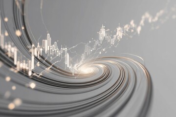 Abstract digital representation of a rising candlestick chart with spiraling lines and light
