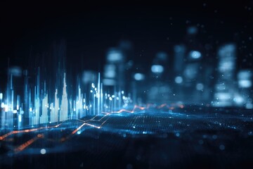 Abstract digital representation of data visualization against a blurred cityscape backdrop