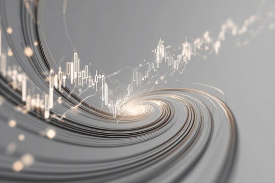 Abstract digital representation of a rising candlestick chart with spiraling lines and light