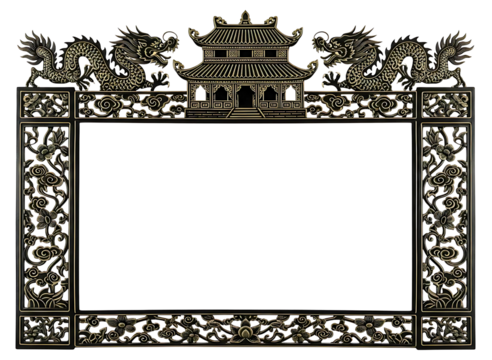 Ornate golden dragon and pagoda frame isolated on transparent background