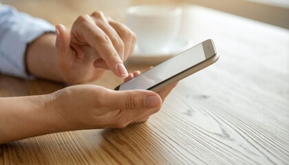 Person using smartphone at a cafe, Checking social media on a mobile phone with a cup of coffee in the background