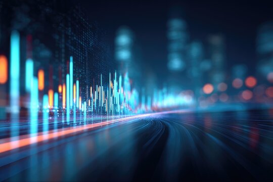 Abstract image of glowing digital data overlaying a blurry cityscape