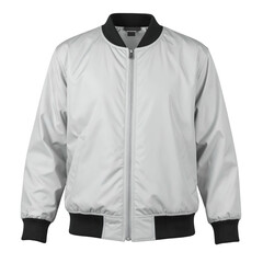 A clean,  shot showcases a modern bomber jacket in a soft, neutral color, set against a stark black background, highlighting its smooth texture and details like the zipper and ribbed cuffs for a...