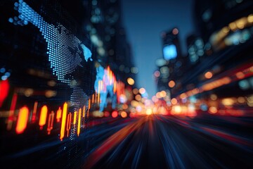 Dynamic image blending a world map, financial data, and blurred city lights at night