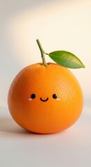 Playful orange fruit with a kawaii cartoon smile and green leaf for creative and cheerful designs.
