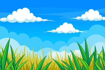 Fototapeta premium Vibrant cartoon landscape with green grass and fluffy white clouds in a blue sky