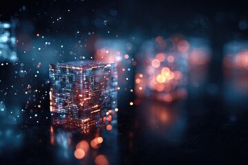 Artistic rendering of glowing digital cubes, bokeh effects, and sparkling light particles