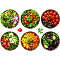  Realistic Colorful Fresh Salad Bowls with Vegetables, PNG Element Set, Isolated on Transparent Background