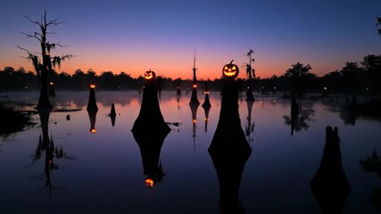 Spooky Halloween pumpkins float on misty swamp water at twilight, a hauntingly beautiful scene perfect for eerie seasonal promotions - Powered by Adobe