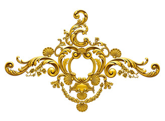Ornate golden baroque cartouche with floral elements isolated on transparent background