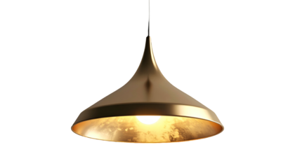 Elegant, gold-colored, pendant light fixture hangs from a black background, showcasing a modern and stylish design, featuring a warm, illuminated bulb casting a subtle glow.