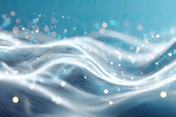 Abstract digital wavy lines with bokeh lights and connected dots, blue background