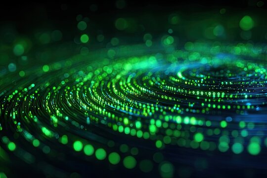 Abstract illustration of swirling green and blue light trails, representing data flow
