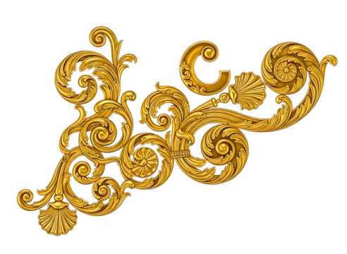 Ornate golden baroque cartouche with floral elements isolated on transparent background