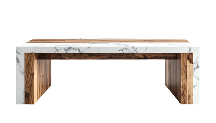 Minimalist, modern coffee table design featuring a rectangular shape with a white marble tabletop and wooden supports, showcasing a luxurious interior aesthetic, with a dark background to emphasize...