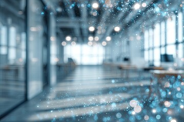 Blurred view of a modern, bright office space with decorative bokeh lights, creating ambiance