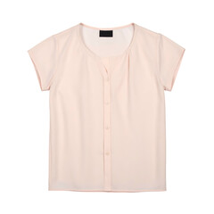 Delicate, light pink blouse featuring a rounded neckline and short sleeves, perfect for casual wear or office attire, shown against a solid black background.