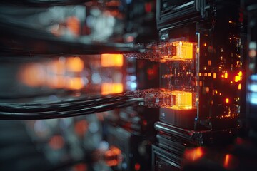 Futuristic, metallic server, illuminated by glowing orange lights and connected by dark cables