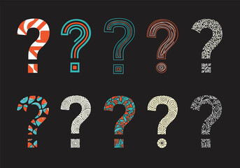 A collection of ten creatively designed question marks in a grid formation.
