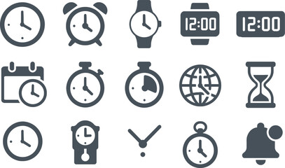 set featuring time and clock concepts. Includes analog clock, digital clock, alarm, stopwatch, timer, wall clock, pocket watch, calendar with clock, time zone globe, hourglass, clock hands, schedule i