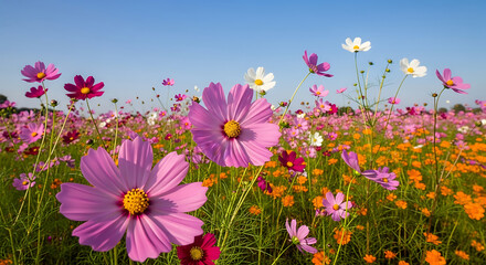 Fototapeta premium Blossoming Cosmos Field A Vibrant Tapestry of Colors Under a Clear Blue Sky