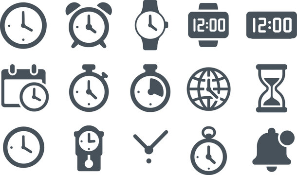set featuring time and clock concepts. Includes analog clock, digital clock, alarm, stopwatch, timer, wall clock, pocket watch, calendar with clock, time zone globe, hourglass, clock hands, schedule i