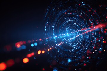 Abstract digital data visualization. Spiral orbits glow with light beams. Black background with red & blue dots