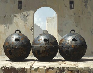 Three weathered metal spheres on a stone floor, bathed in sunlight