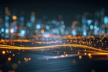 Abstract cityscape with vibrant orange and blue glowing lines & bokeh against a dark background