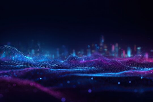 Abstract digital landscape of a city with waves and blurred lights