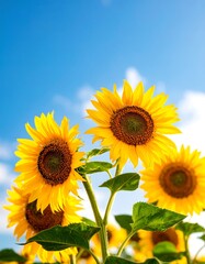 Obraz premium Three vibrant sunflowers against a bright blue sky